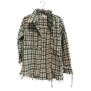 Cloud Ten Green Houndstooth Tweed Fringe Shacket Jacket Small E1‎